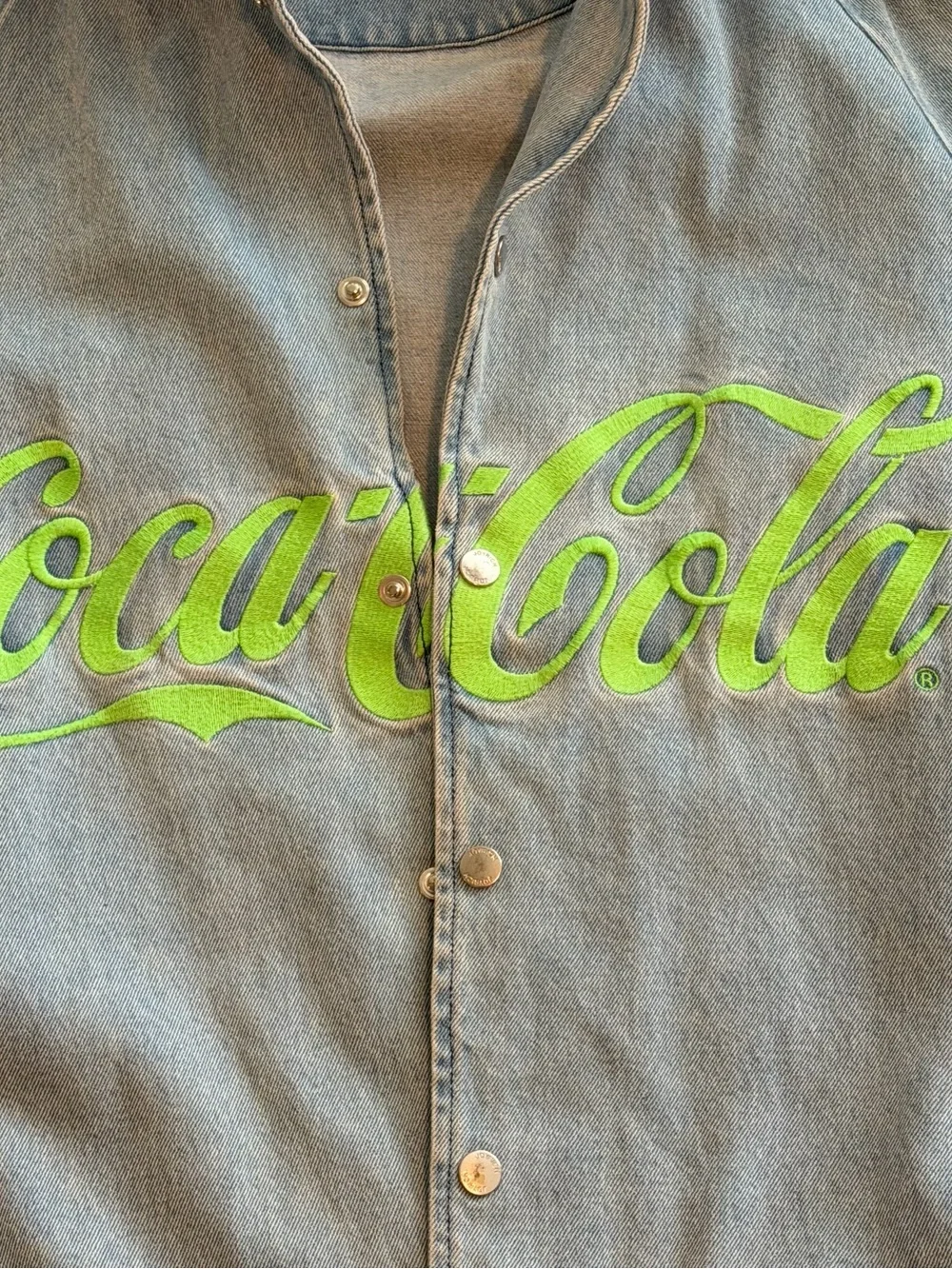 RARE Coca-Cola by Joyrich Blue Denim Jacket Green Logo Snap Front 2017 baggy XL